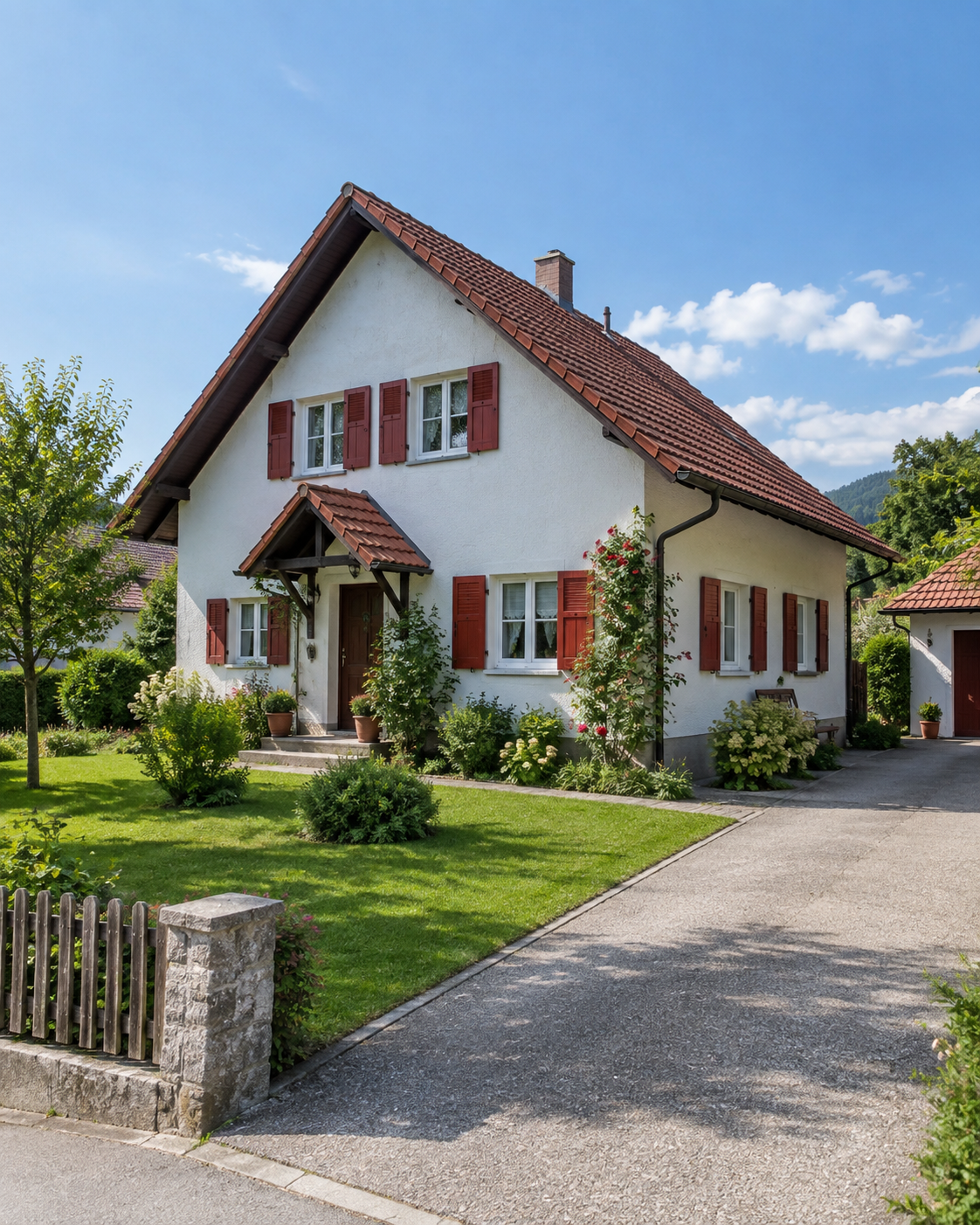 Wohnhaus mit Garten, Zufahrt und rotem Ziegeldach in Österreich