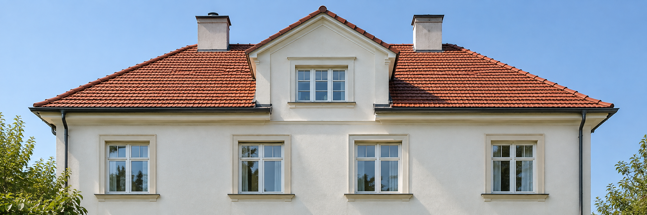 Österreichische Wohnhausfassade mit regelmäßig angeordneten Fenstern