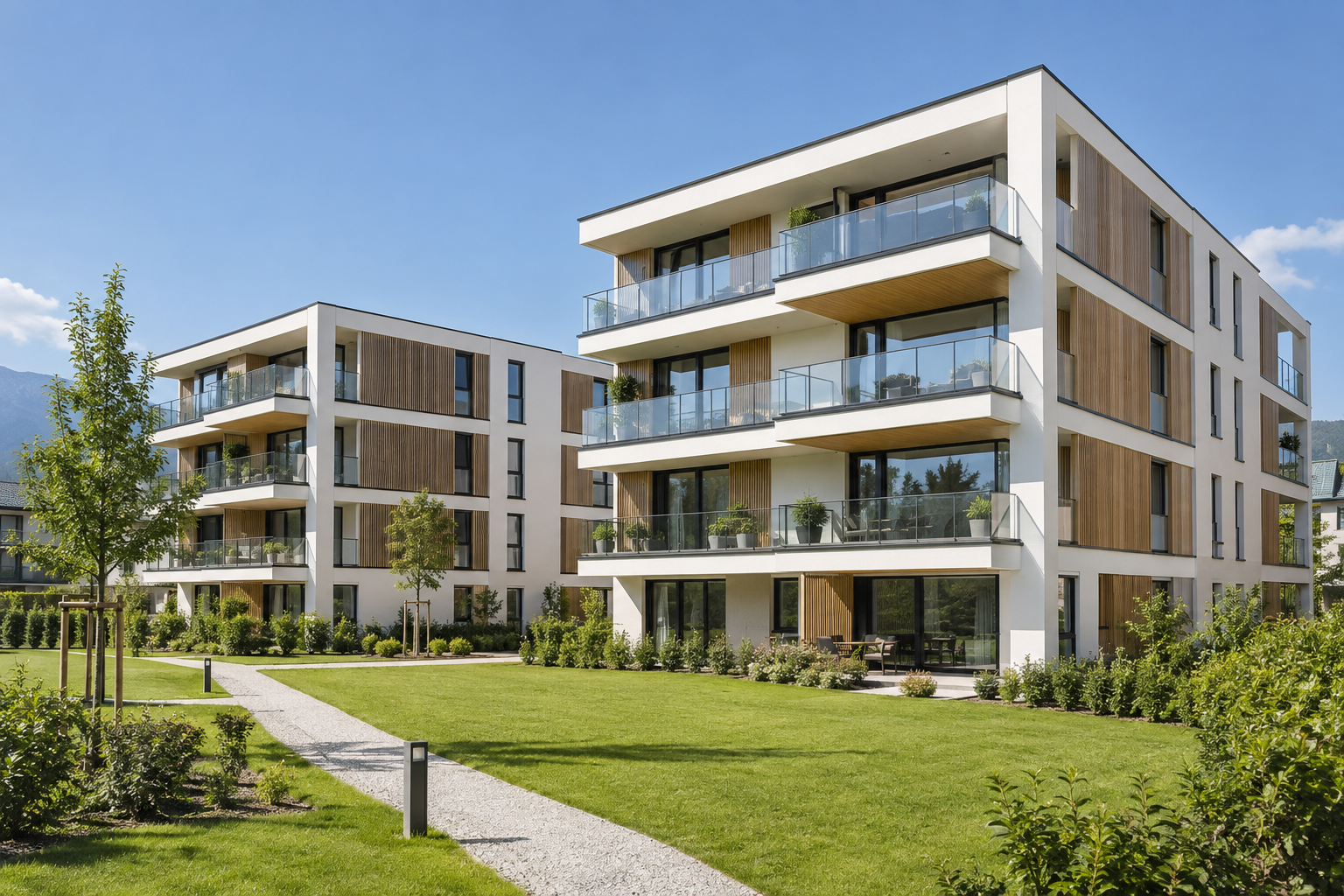 Moderne Wohnanlage mit Balkonen und Grünflächen